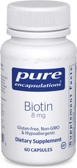 Біотин, Biotin, Pure Encapsulations, 8 мг, 60 капсул (PE-00681), фото
