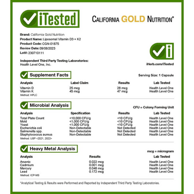 California Gold Nutrition, ліпосомальні вітаміни K2 та D3, 60 вегетаріанських капсул (CGN-01875), фото