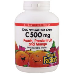 Витамин C, со вкусом персика, маракуйи и манго, Vitamin C, Natural Factors, 500 мг, 90 таблеток (NFS-01324), фото
