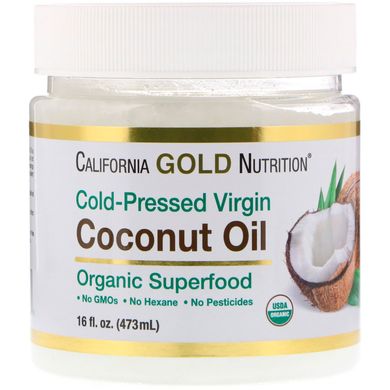 California Gold Nutrition, SUPERFOODS, органическое нерафинированное кокосовое масло первого холодного отжима, 473 мл (CGN-01190), фото