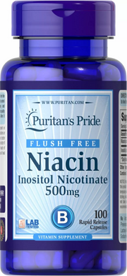 Ниацин, Flush Free Niacin, Puritan's Pride, 500 мг, 100 капсул (PTP-11661), фото