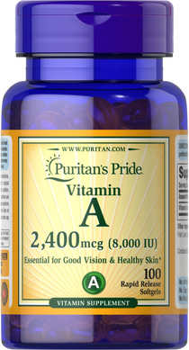 Витамин А, Vitamin A, Puritan's Pride, 8000 МЕ, 100 гелиевых капсул (PTP-19378), фото