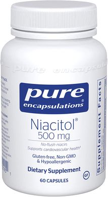 Ниацин, B3, не вызывающий покраснений, Niacitol, Pure Encapsulations, 500 мг, 60 капсул (PE-00195), фото