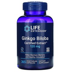 Life Extension, Ginkgo Biloba, Certified Extract, гінкго білоба, сертифікований екстракт, 120 мг, 365 вегетаріанських капсул (LEX-16583), фото