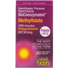 Фолат В-12 і метил фолат, Folate B12, Methylfolate, Natural Factors 1000 мкг, 60 таблеток (NFS-01241), фото