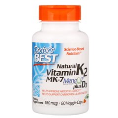 Doctor's Best, натуральный витамин K2 MK-7 с MenaQ7 и витамином D3, 180 мкг, 60 вегетарианских капсул (DRB-00404), фото