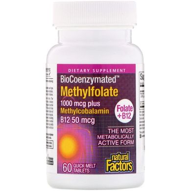 Фолат В-12 и метил фолат, Folate B12, Methylfolate, Natural Factors, 1000 мкг, 60 таблеток (NFS-01241), фото