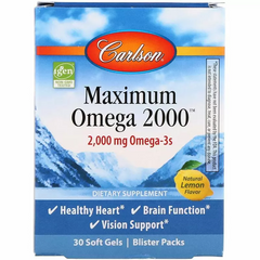 Омега с натуральным вкусом лимона, Maximum Omega 2000, Carlson Labs, 2000 мг, 30 гелевых капсул (CAR-60020), фото