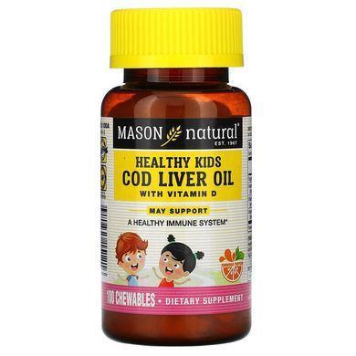 Масло печінки тріски з вітаміном D, смак апельсина, Cod Liver Oil with Vitamin D, Mason Natural, 100 жувальних таблеток (MAV-15121), фото
