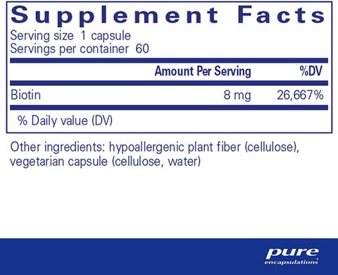 Біотин, Biotin, Pure Encapsulations, 8 мг, 60 капсул (PE-00681), фото