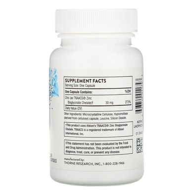 Thorne Research, бісгліцинат цинку, 30 мг, 60 капсул (THR-01174), фото