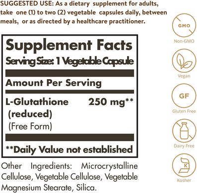 Solgar, Відновлений L-глутатіон, 250 мг, 30 рослинних капсул (SOL-01350), фото