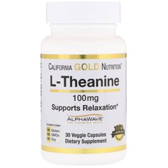L-теанин, AlphaWave, California Gold Nutrition, способствует расслаблению, успокоению и концентрации, 100 мг, 30 вегетарианских капсул (CGN-01244), фото