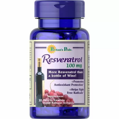 Ресвератрол, Resveratrol, Puritan's Pride, пробный размер, 100 мг, 30 гелевых капсул (PTP-29257), фото