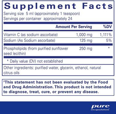Вітамін С ліпосомальний, Liposomal Vitamin C, Pure Encapsulations, рідина, 120 мл (PE-02214), фото