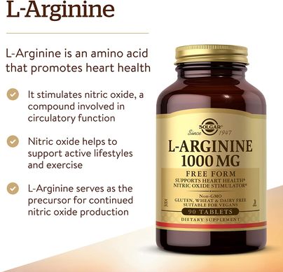 Solgar, L-аргінін, вільна форма, 1000 мг, 90 таблеток (SOL-00150), фото