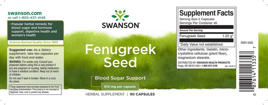 Пажитник, семена, Fenugreek Seed, Swanson, 610 мг, 90 капсул (SWV-11335), фото