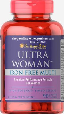 Мультивитамины для женщин без железа, Ultra Woman™ Daily Multi Iron Free, Puritan's Pride, 90 капсул (PTP-12120), фото