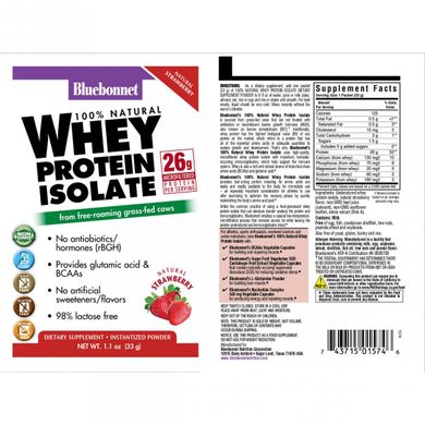 Изолят сывороточного белка, вкус клубники, Whey Protein Isolate, Bluebonnet Nutrition, 8 пакетиков (BLB-01575), фото