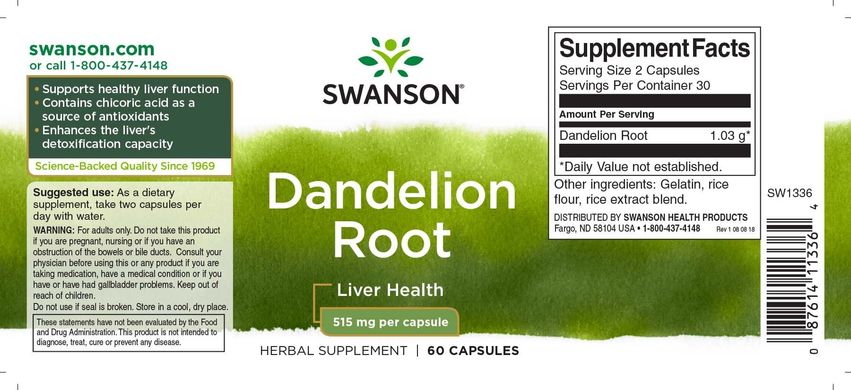 Кульбаба, корінь, Dandelion Root, Swanson, 515 мг, 60 капсул (SWV-11336), фото