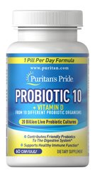 Puritan's Pride, Пробиотик-10 с витамином D, 20 млрд активных культур, 60 капсул (PTP-31643), фото