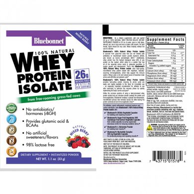 Ізолят сироваткового білка, мікс ягід, Whey Protein Isolate, Bluebonnet Nutrition, 8 пакетиків (BLB-01579), фото