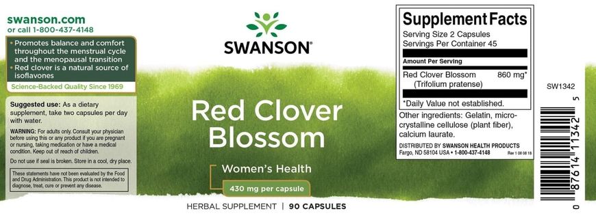 Красный клевер, Red Clover Blossom, Swanson, 430 мг, 90 капсул (SWV-11342), фото