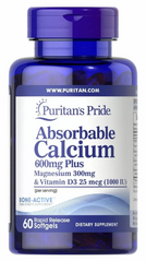 Absorbable Calcium with Vitamin D3,Puritan's Pride, 600 мг/1000 МЕ, 60 капсул (PTP-53580), фото