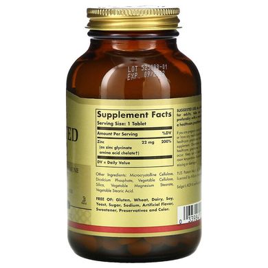 Solgar, хелатний цинк, 22 мг, 250 таблеток (SOL-00801), фото