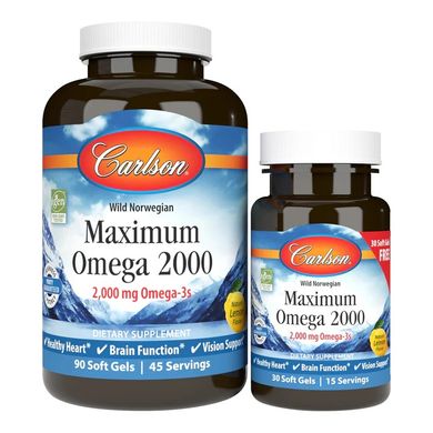 Carlson Labs, Максимум Омега 2000, натуральний смак лимона, 2,000 мг, 90+30 м'яких гелевих капсул (CAR-17240), фото