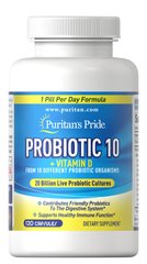 Puritan's Pride, Пробиотик-10 с витамином D, 20 млрд активных культур, 120 капсул (PTP-72135), фото