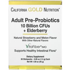 California Gold Nutrition, пребиотики и пробиотики для взрослых, 10 млрд. КОЕ + бузина, натуральный клубнично-дынный вкус, 30 пакетиков по 1,5 г (CGN-01854), фото