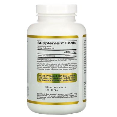 Витамин C, California Gold Nutrition, 1000 мг, 240 капсул (CGN-00932), фото