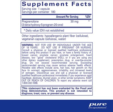 Прегненолон, Pregnenolone, Pure Encapsulations, 30 мг, 180 капсул (PE-00222), фото