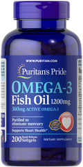 Puritan's Pride, Омега-3, 1200 мг, 360 мг активного, 200 капсул (PTP-13328), фото