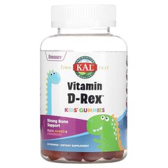 KAL, Витамин D-Rex для детей, персик, манго и клубника, 60 жевательных таблеток (CAL-58133), фото