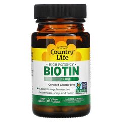 Country Life, Высокоэффективный биотин, 5 мг (5000 мкг), 60 вегетарианских капсул (CLF-06505), фото