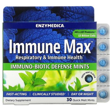 Enzymedica, Immune Max, ятні льодяники для іммунобіотіческой захисту, свіжа м'ята, 30 м'ятних цукерок швидкого приготування (ENZ-10113), фото