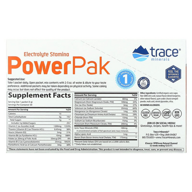 Trace Minerals, электролит для повышения выносливости, PowerPak, со вкусом мандарина, 30 пакетиков по 5 г (TMR-00349), фото