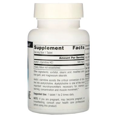 Source Naturals, ацетил-L-карнитин, 500 мг, 60 таблеток (SNS-00499), фото