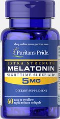 Мелатонін, Puritan's Pride, 5 мг, Extra Strength, 60 капсул (PTP-29623), фото