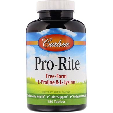 Carlson Labs, Pro-Rite, L-пролін та L-лізин у вільній формі, 180 таблеток (CAR-04232), фото