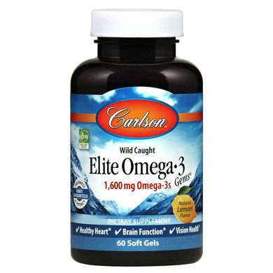 Carlson Labs, Elite Omega-3 Gems, отборные омега-3 кислоты, натуральный лимонный вкус, 800 мг, 60 мягких таблеток (CAR-01716), фото