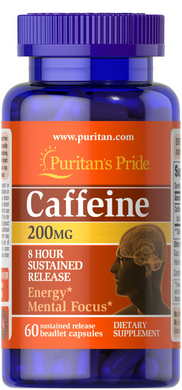 Кофеин, Caffeine, 8-Hour Sustained Release 200 мг, Puritan's Pride 60 капсул (PTP-54126), фото