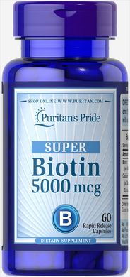 Біотин, Biotin, Puritan's Pride, 5000 мкг, 60 капсул (PTP-13430), фото