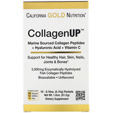 California Gold Nutrition, CollagenUP, морський гідролізований колаген з гіалуроновою кислотою та вітаміном С, без запаху, 10 пакетів, 5,15 г кожен (CGN-01344), фото