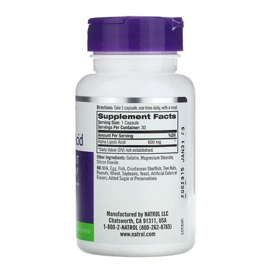 Natrol, Альфа-ліпоєва кислота, 600 мг, 30 капсул (NTL-04472), фото