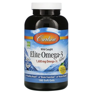 Carlson Labs, Elite Omega-3 Gems, отборные омега-3 кислоты, натуральный лимонный вкус, 800 мг, 180 мягких таблеток (CAR-01712), фото