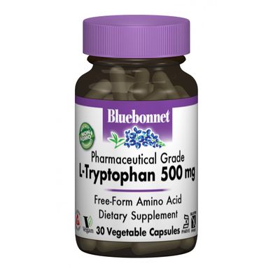 Bluebonnet Nutrition, L-триптофан, 500 мг, 30 растительных капсул (BLB-00093), фото