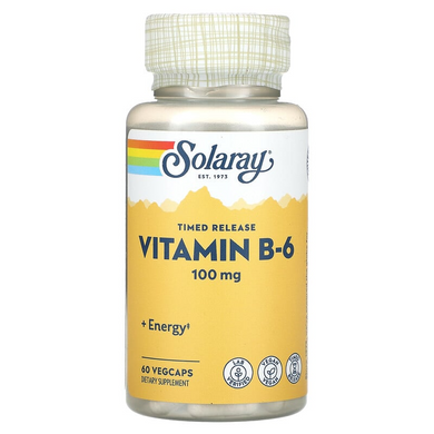 Solaray, Витамин B6, замедленное высвобождение, 100 мг, 60 растительных капсул (SOR-12742), фото